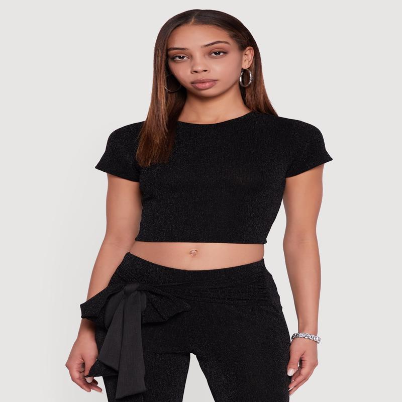 Lurex Short Sleeve Crew Neck Crop Top