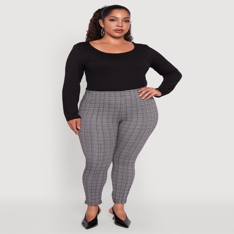 Plus Size High Waist Plaid Skinny Dress Pants