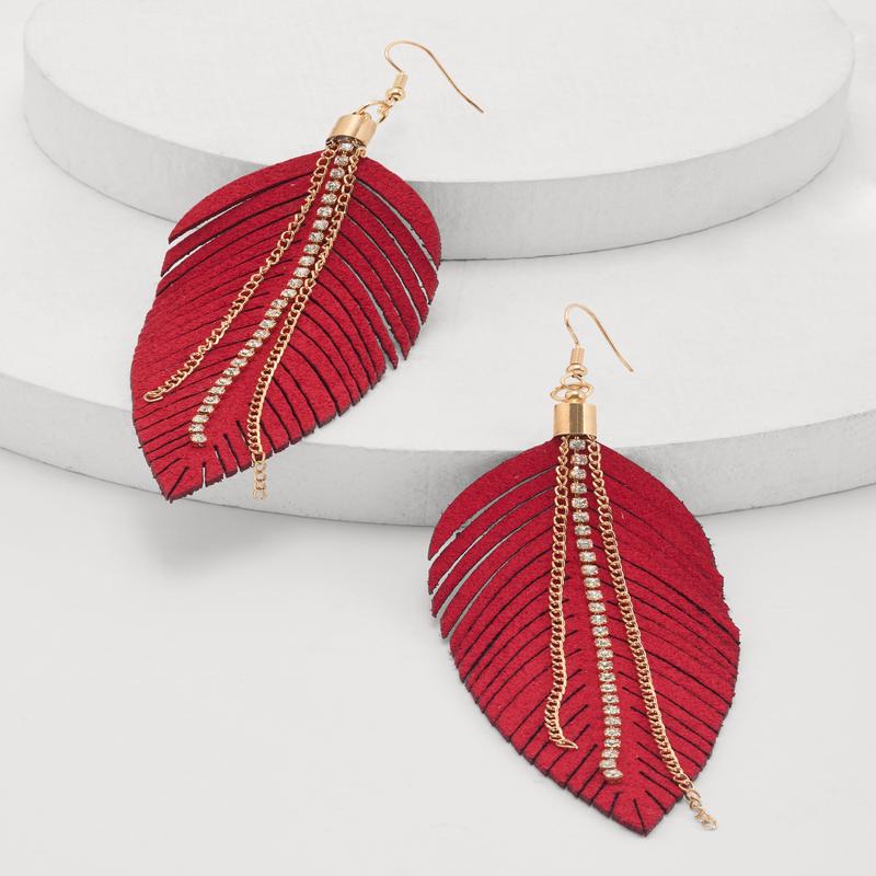 Rhinestone Chain Fringe Leaf Drop Earrings