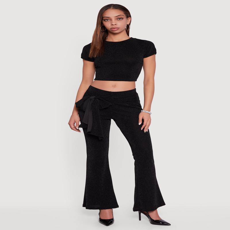 Lurex Tie Front Flare Leg Pants