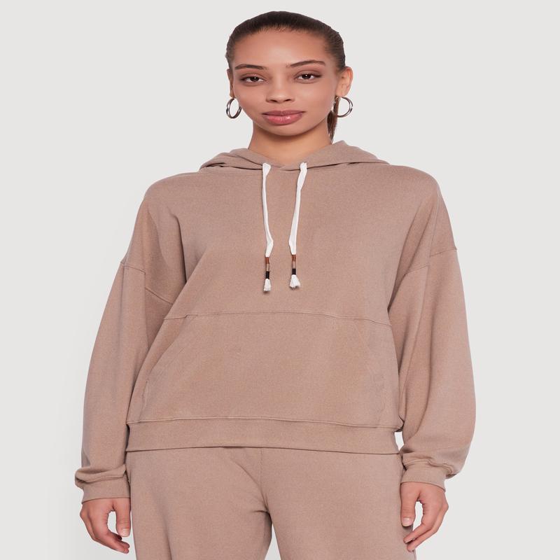 Soft Rib Knit Kangaroo Pocket Pullover Hoodie