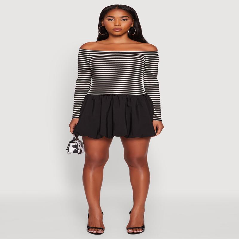 Striped Off The Shoulder Long Sleeve Bubble Hem Dress