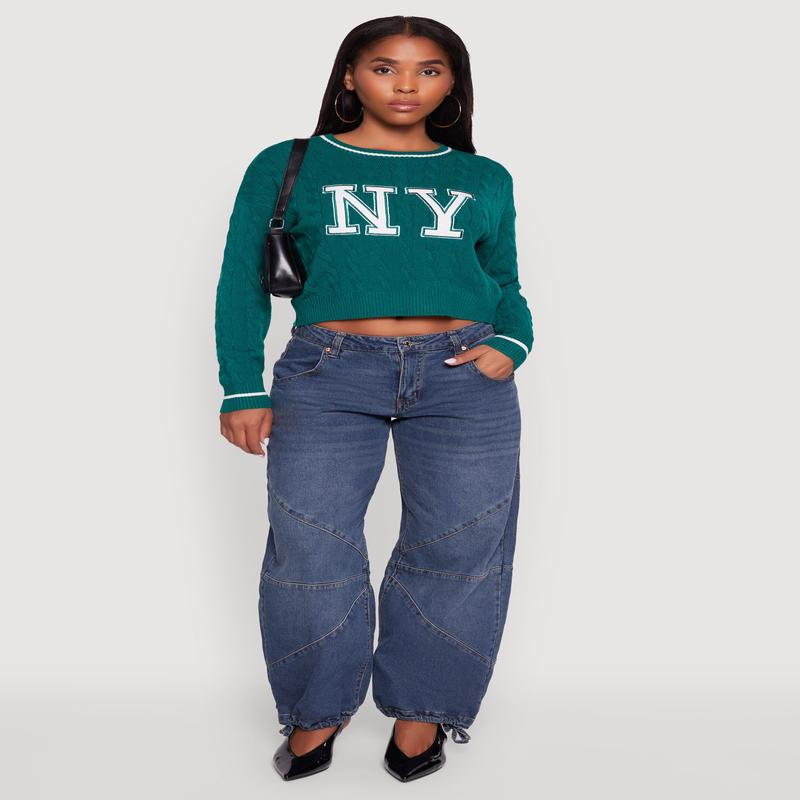 Cropped Cable Knit New York Patch Graphic Sweater
