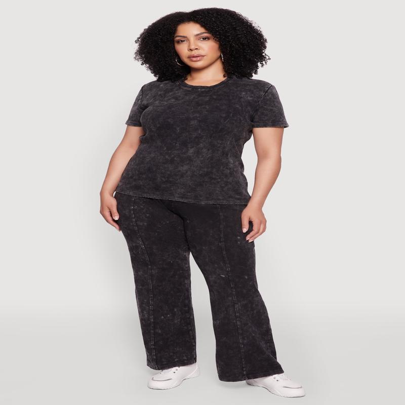 Plus Size Acid Wash Pintuck Wide Leg Pants