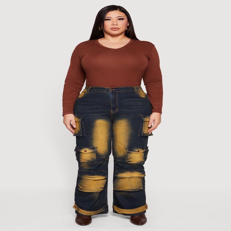 Plus Size Whiskered High Waisted Wide Leg Cargo Jeans