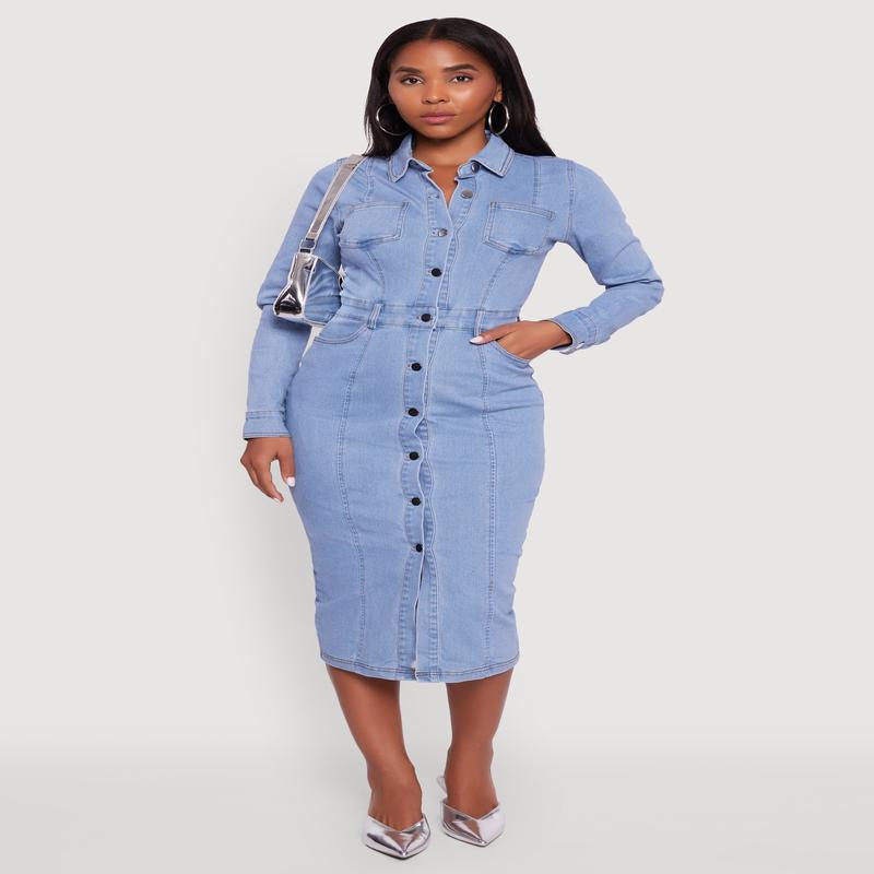 Denim Button Front Long Sleeve Shirt Dress