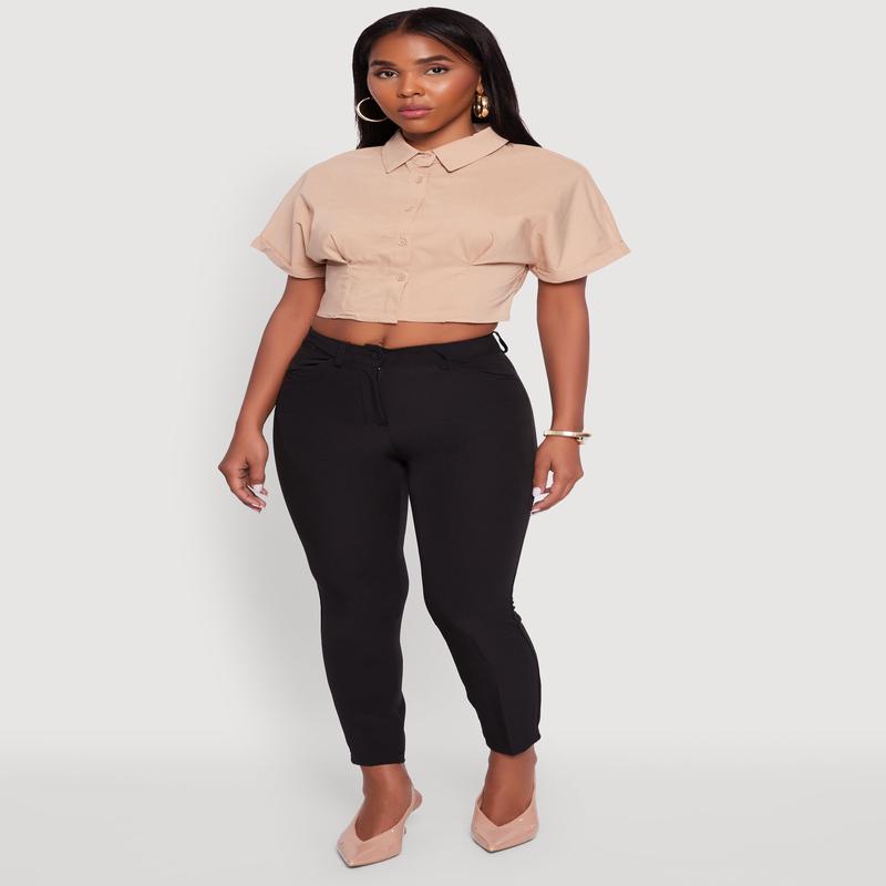 Fixed Cuff Cropped Button Front Shirt