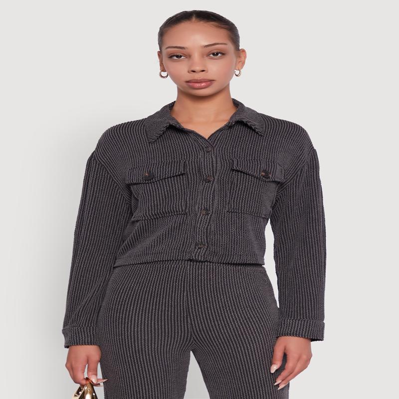 Rib Knit Shadow Stripe Button Front Cropped Shirt