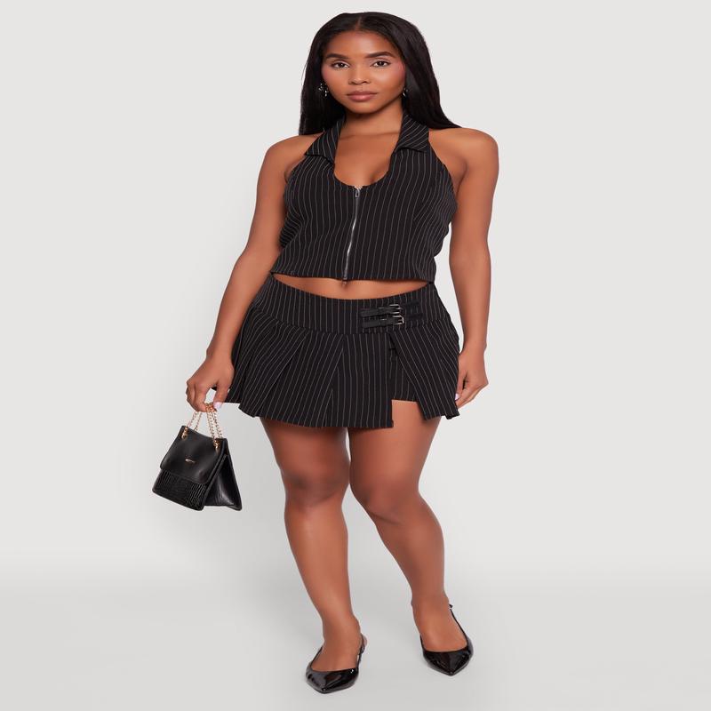 Iris Buckle Detail Pinstripe Pleated Skirt