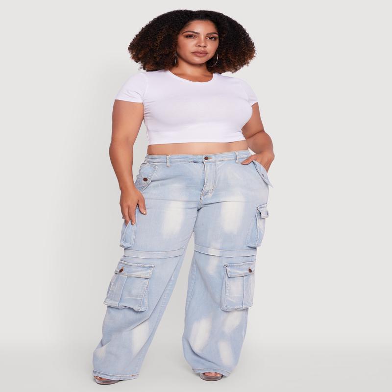Plus Size Acid Wash Wide Leg Utility Jeans