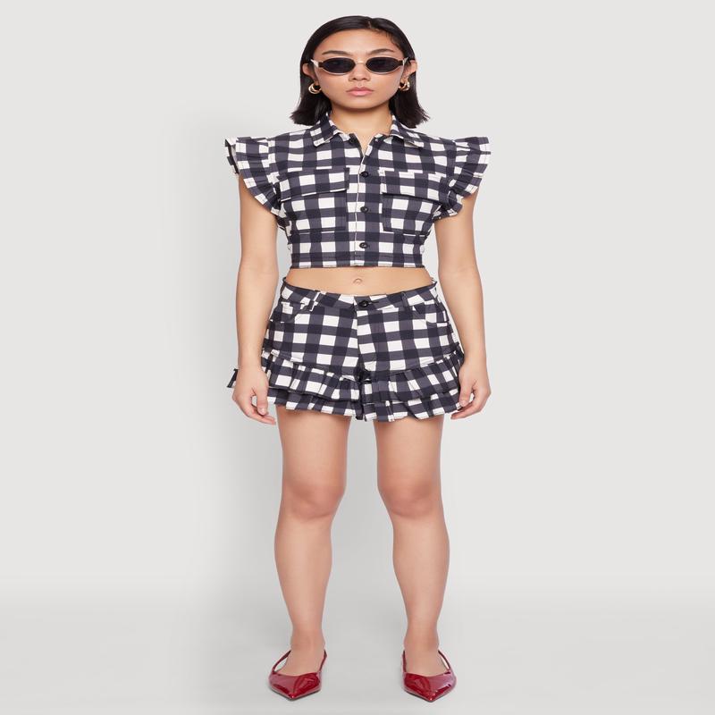 Ruffled Hem Buffalo Plaid Shorts