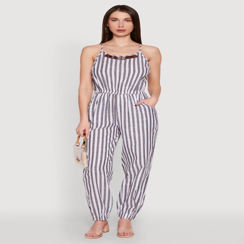 Wooden Beaded Detail Striped Jumpsuit