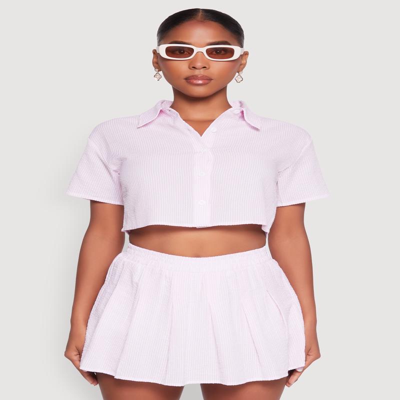 Almost Famous Striped Seersucker Cropped Shirt