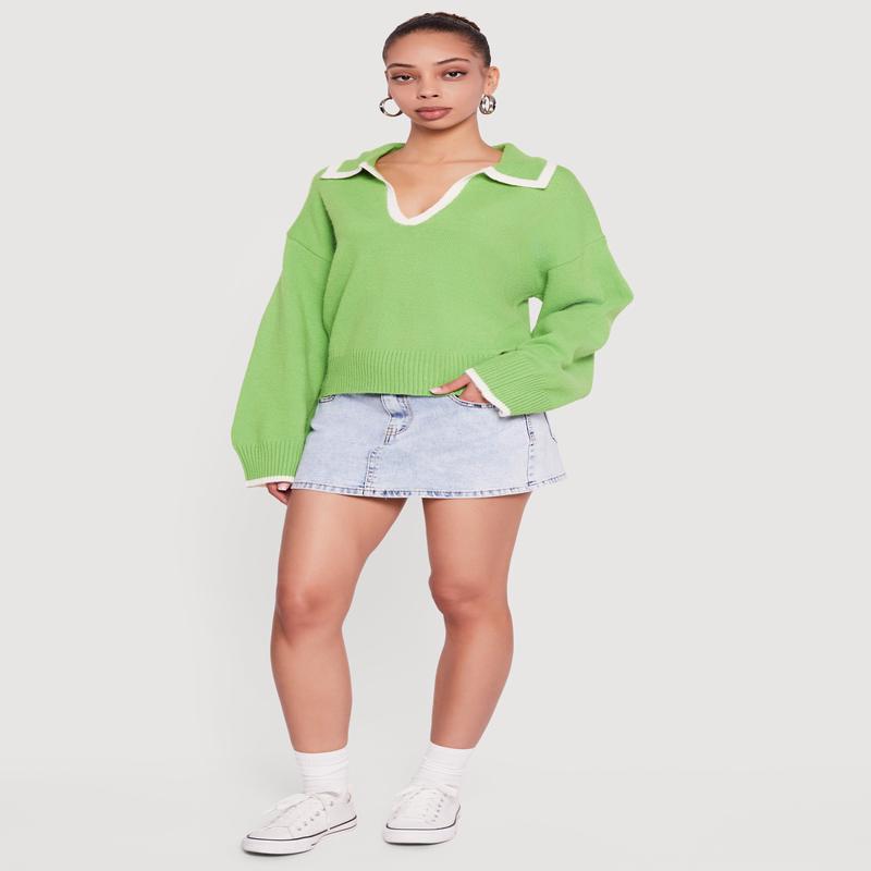 Contrast Trim Johnny Collar Polo Sweater