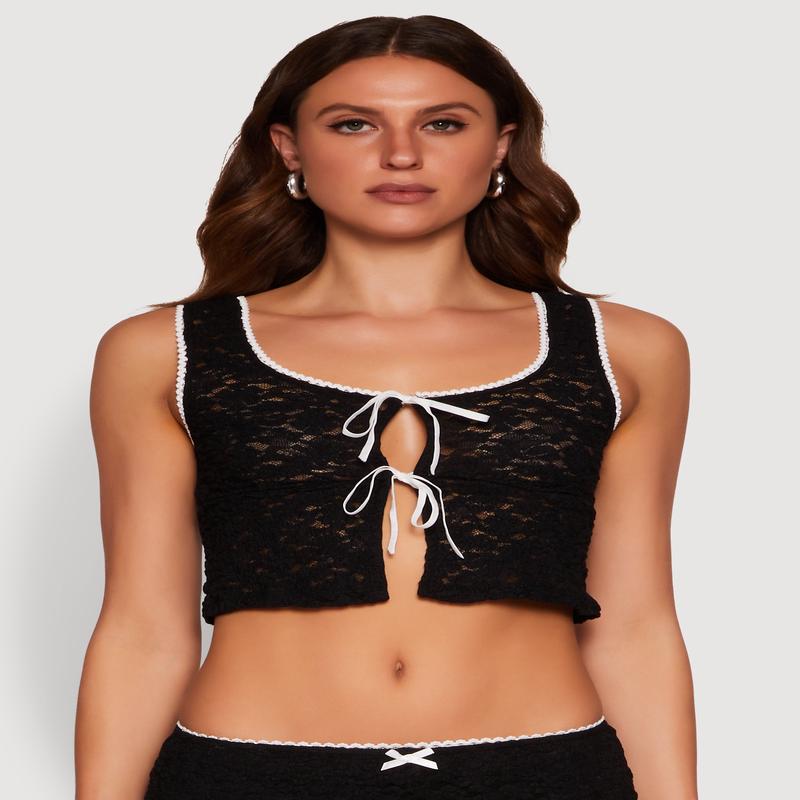 Haute Monde Contrast Trim Tie Front Lace Crop Top