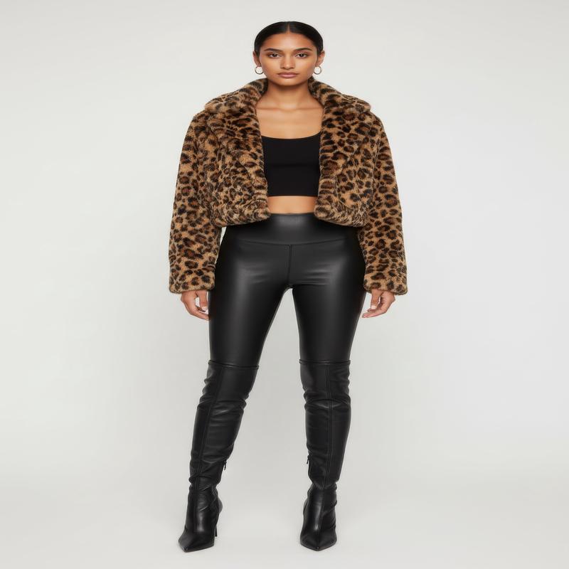 Leopard Print Faux Fur Cropped One Button Jacket