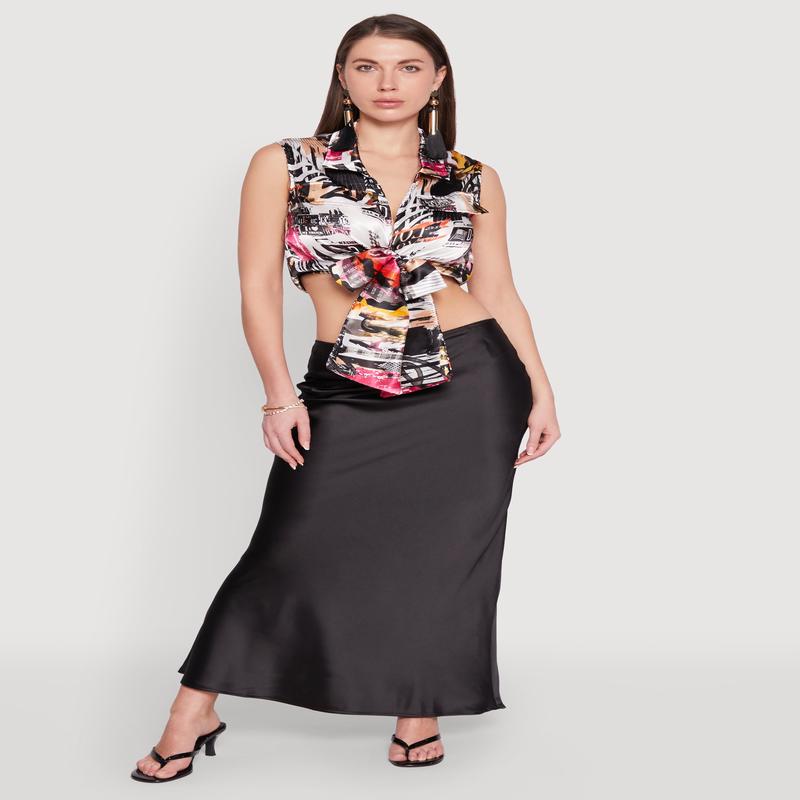 Satin Printed Pattern Tie Front Blouse