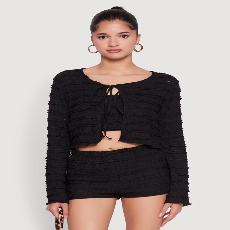 Textured Knit Tie Front Cardigan with Tube Top