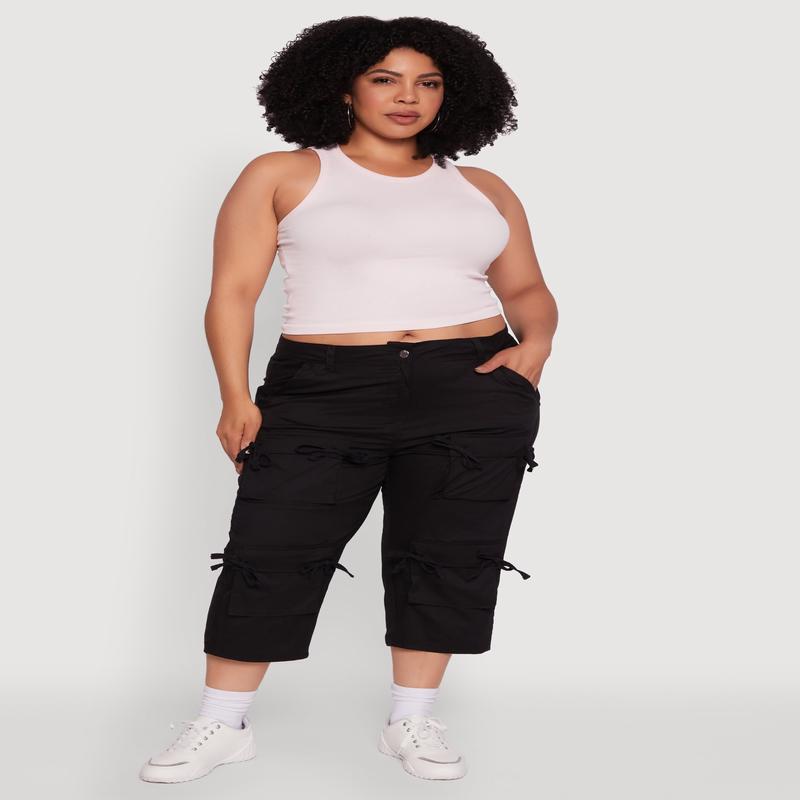 Plus Size Poplin Bow Cargo Capri Pants