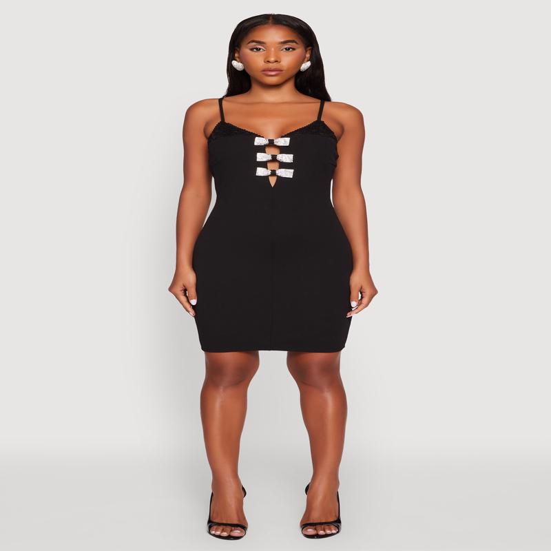 Sleeveless Crepe Knit Mini Dress with Rhinestone Bows