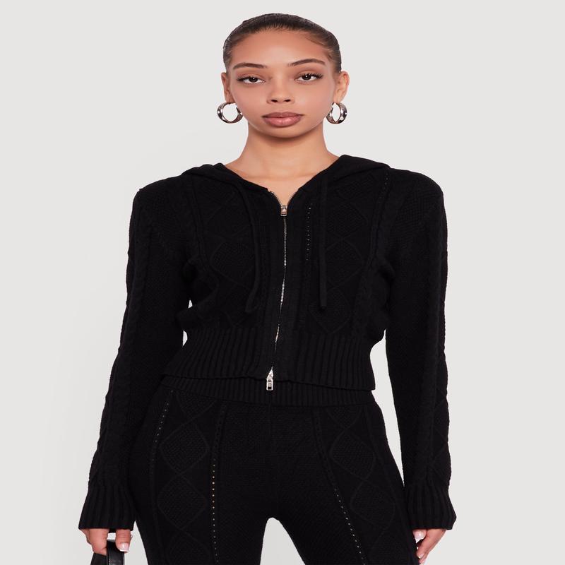 Zip Front Cable Knit Hooded Cardigan