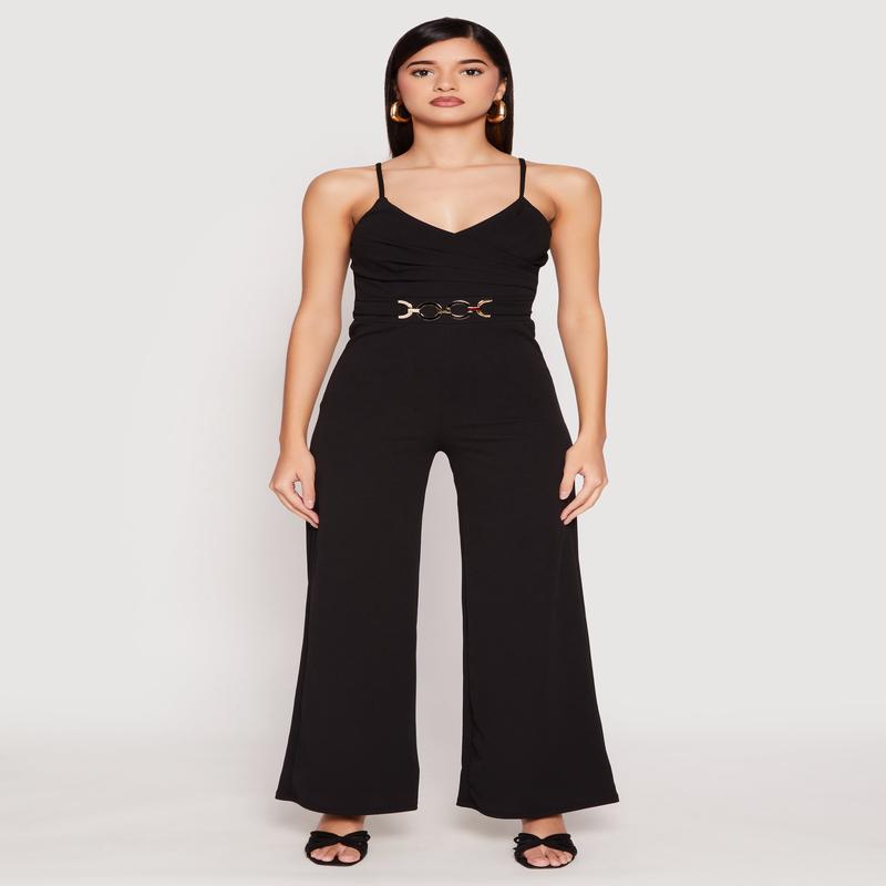 Crepe Knit Chain Belted Front Jumpsuit