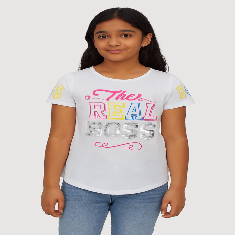 Girls Sequin The Real Boss Graphic Tee