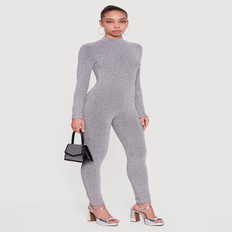 Lurex Zip Front Mock Neck Jumpsuit