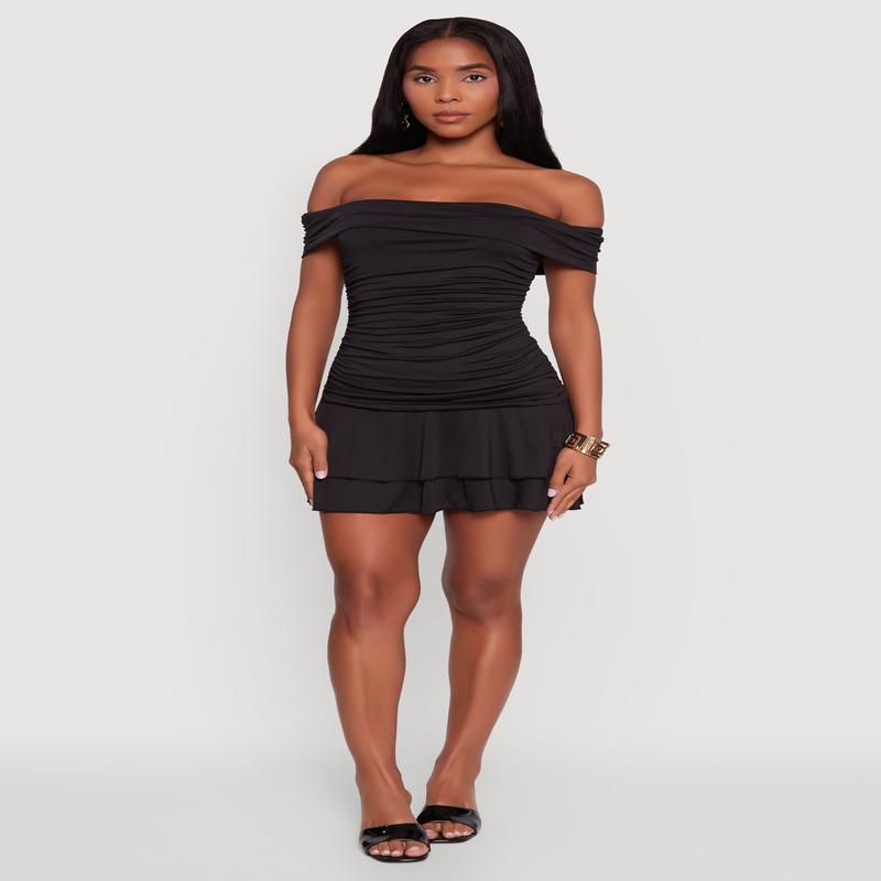 Off the Shoulder Ruched Tiered Bodycon Dress