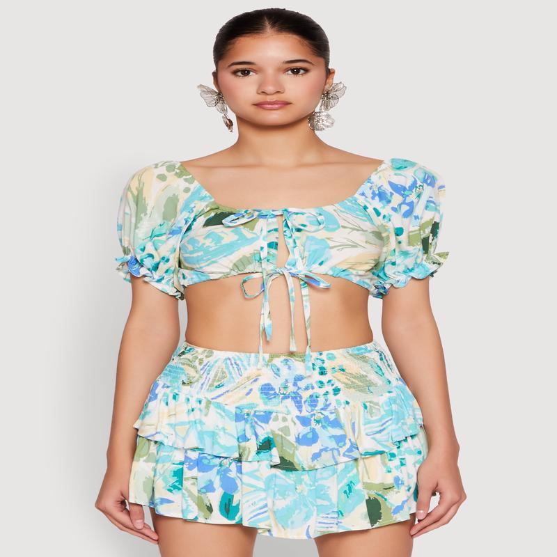 Abstract Print Drawstring Keyhole Crop Top