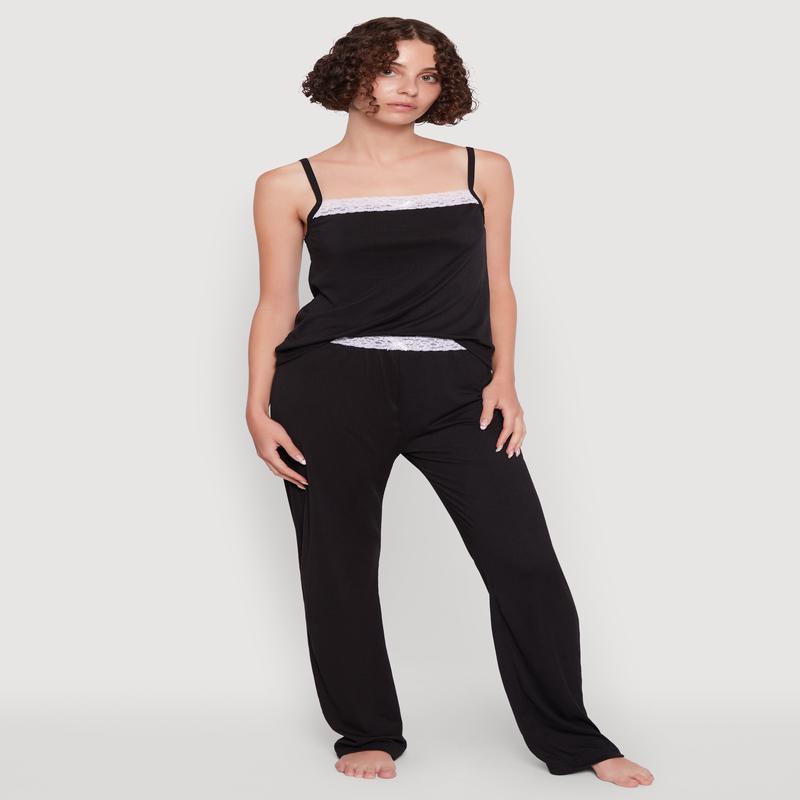 Contrast Trim Lace Detail Pajama Cami and Lounge Pants