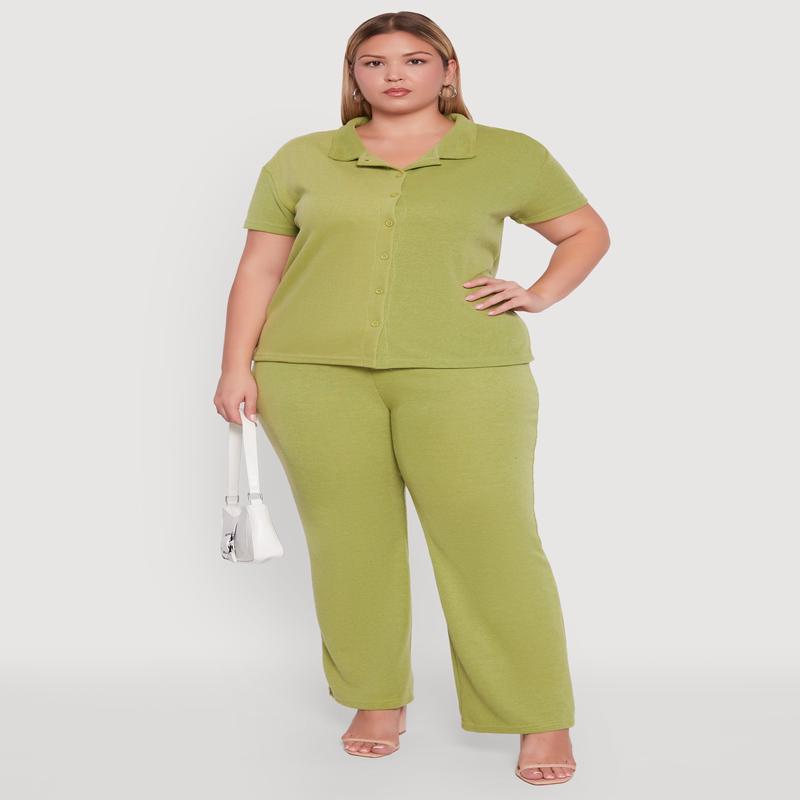 Plus Size High Waisted Straight Leg Ribbed Knit Pants