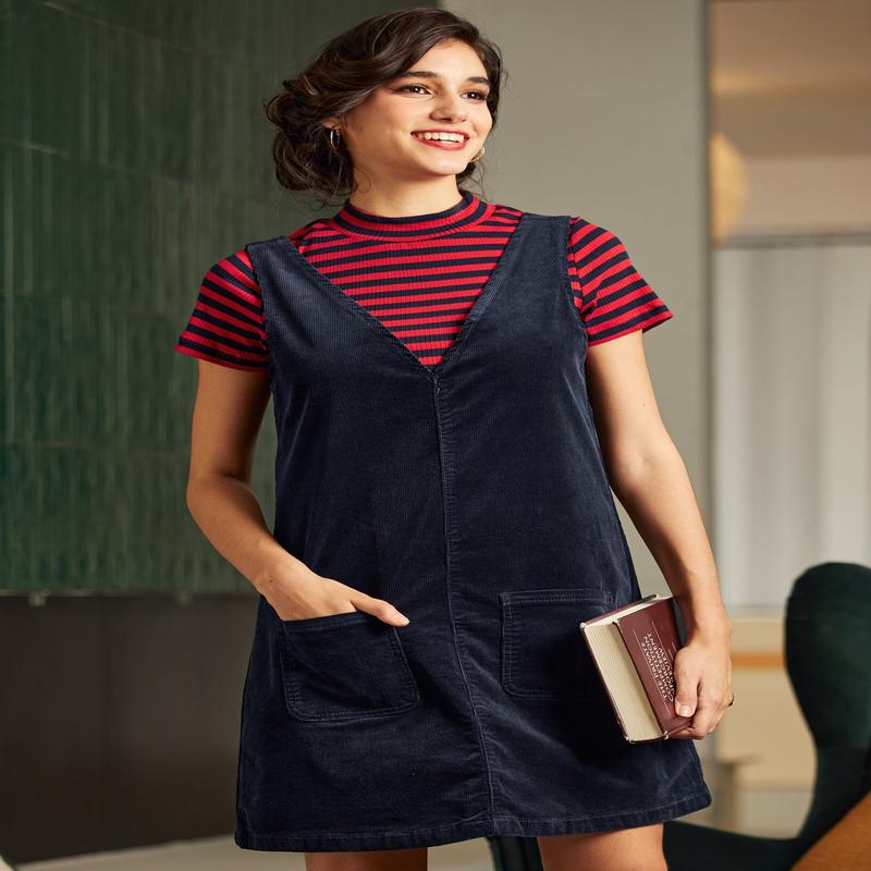 Retro Radiance V-Neck Corduroy Dress