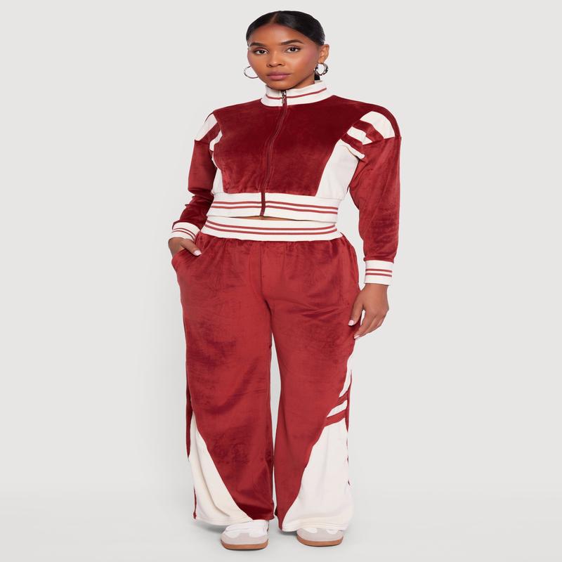 Velour High Waisted Striped Detail Wide Leg Pants