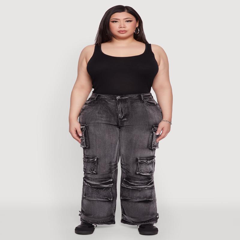 Plus Size Daisy High Waisted Straight Leg Denim Jeans with Cargo Pockets
