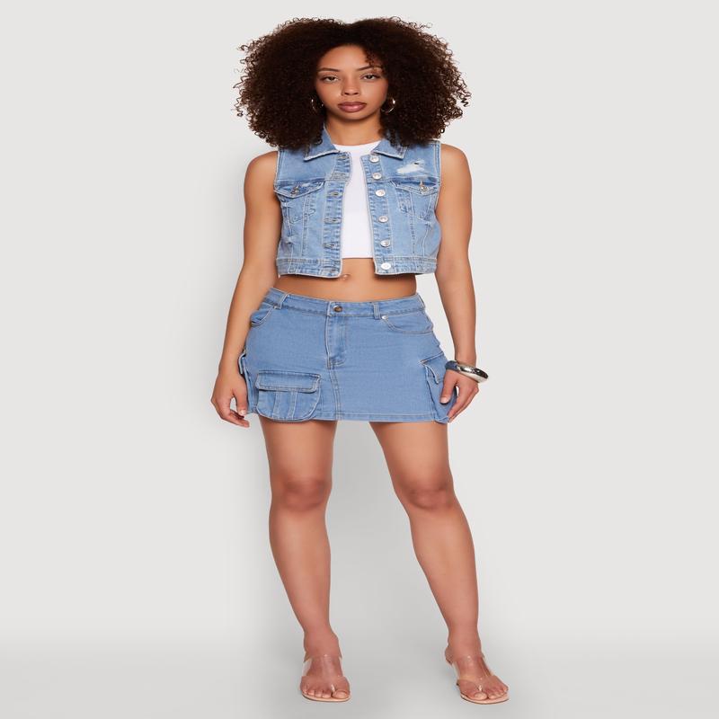 WAX Distressed Button Front Denim Vest