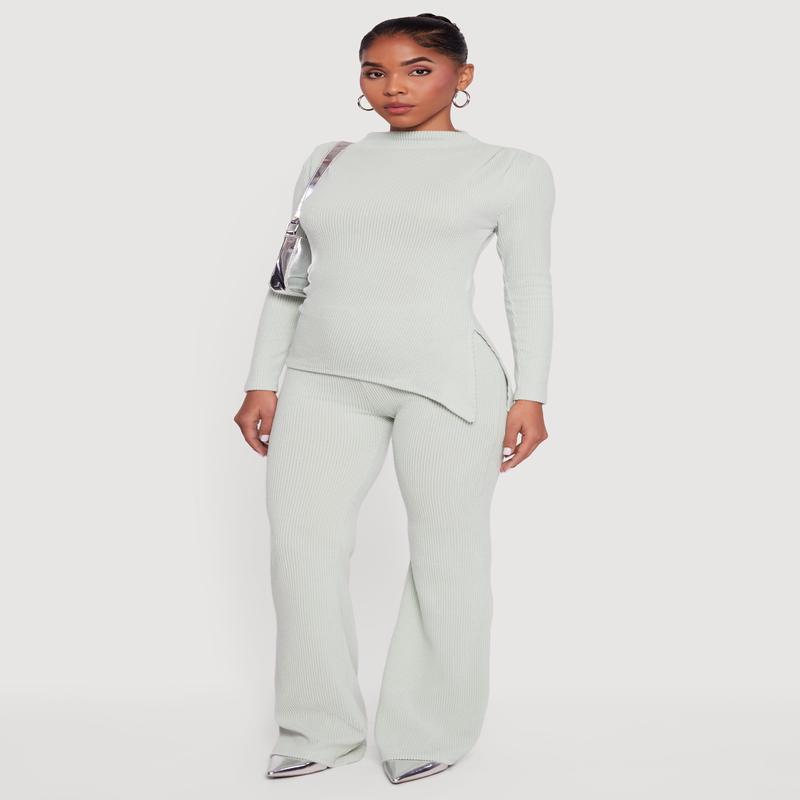 Brushed Rib Knit Pull On Flare Pants