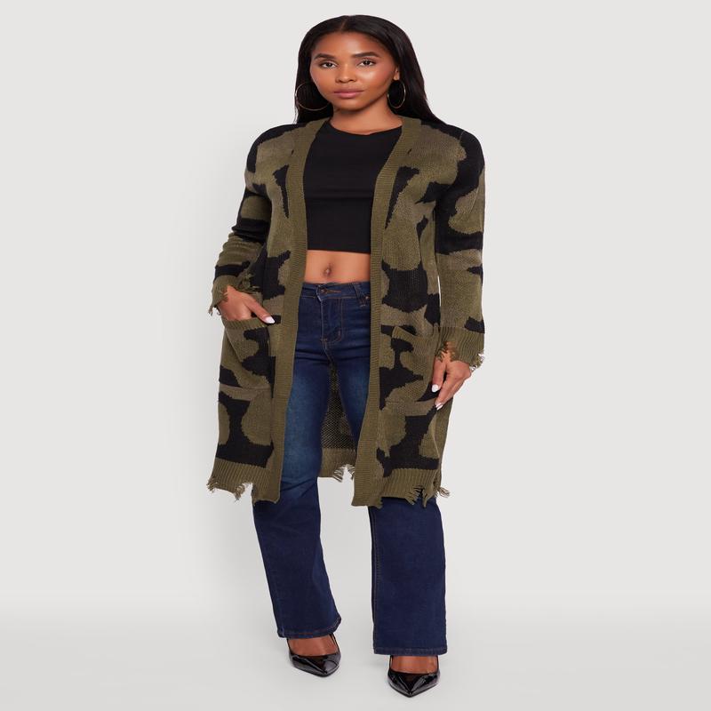 Camouflage Open Front Long Cardigan with Pockets