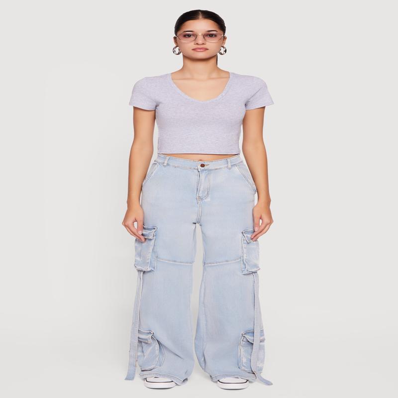 High Waisted Decorative Stitch Cargo Pocket Jeans