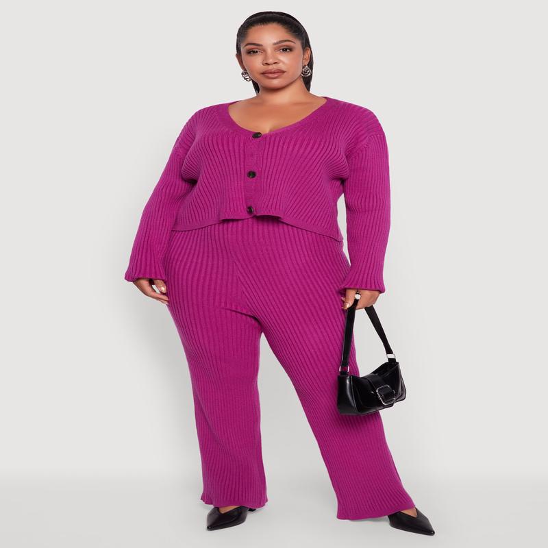 Plus Size High Waisted Ribbed Knit Solid Straight Leg Pants