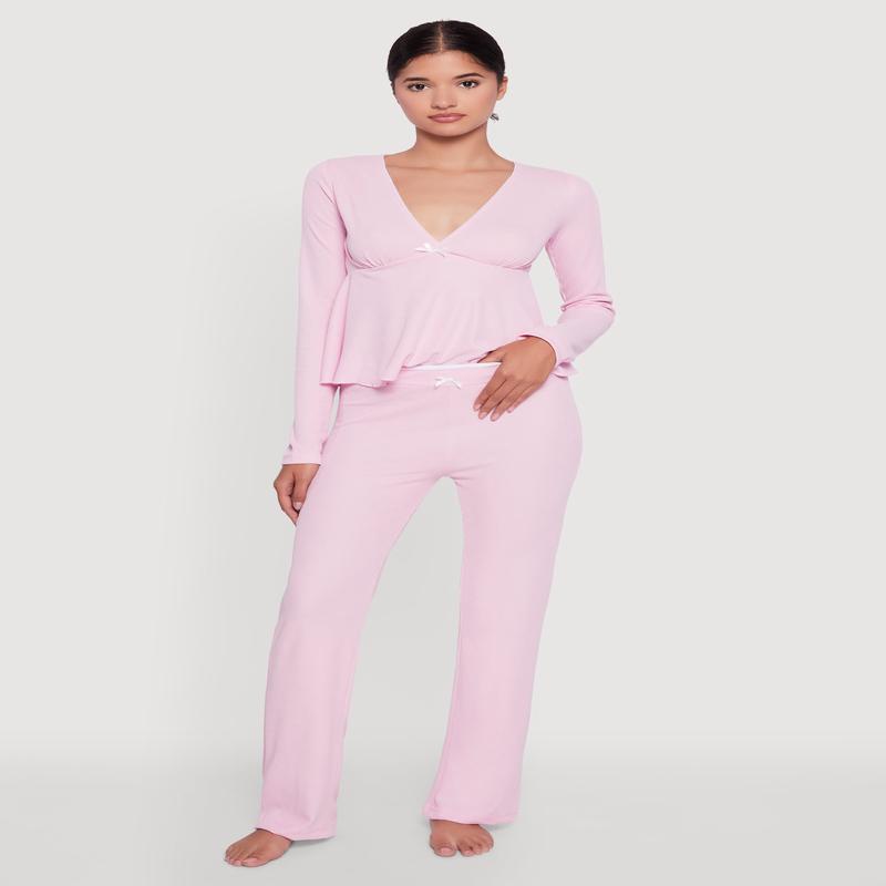 Waffle Knit Peplum Pajama Top and Pants Set