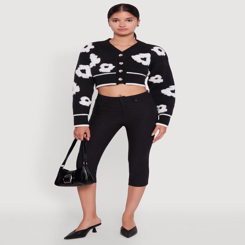 Chenille Floral Brushed Knit Cropped Cardigan