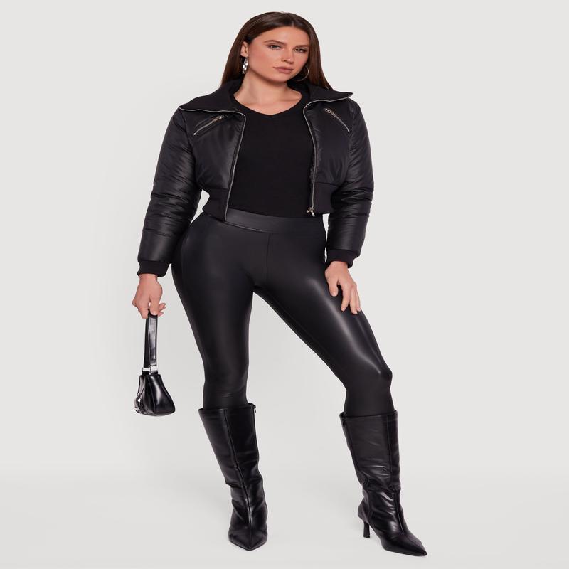 Faux Leather Insulated Cropped Bomber Jacket