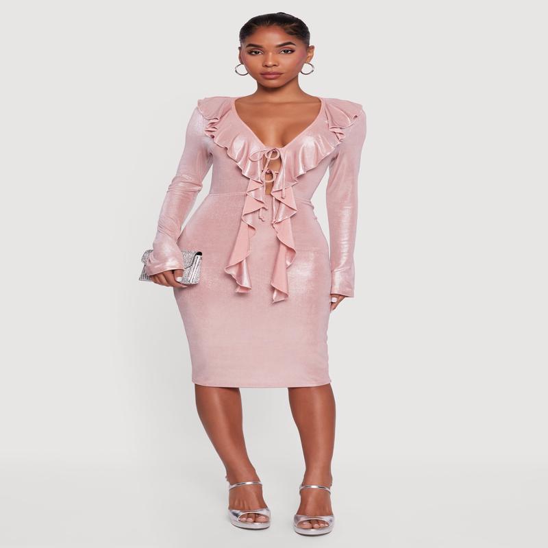 Long Sleeve Foil Screen Ruffle Detail Midi Dress