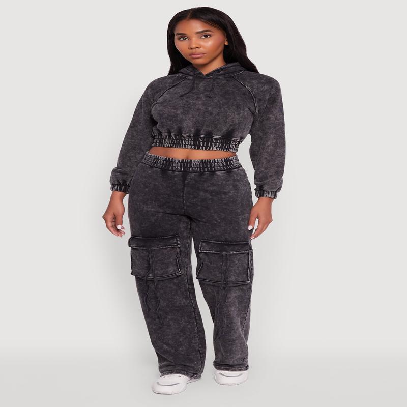 Mineral Wash Elastic Waist Wide Leg Cargo Pants