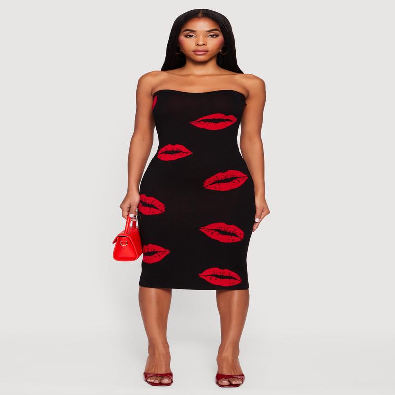 Almost Famous Lip Print Strapless Midi Dress