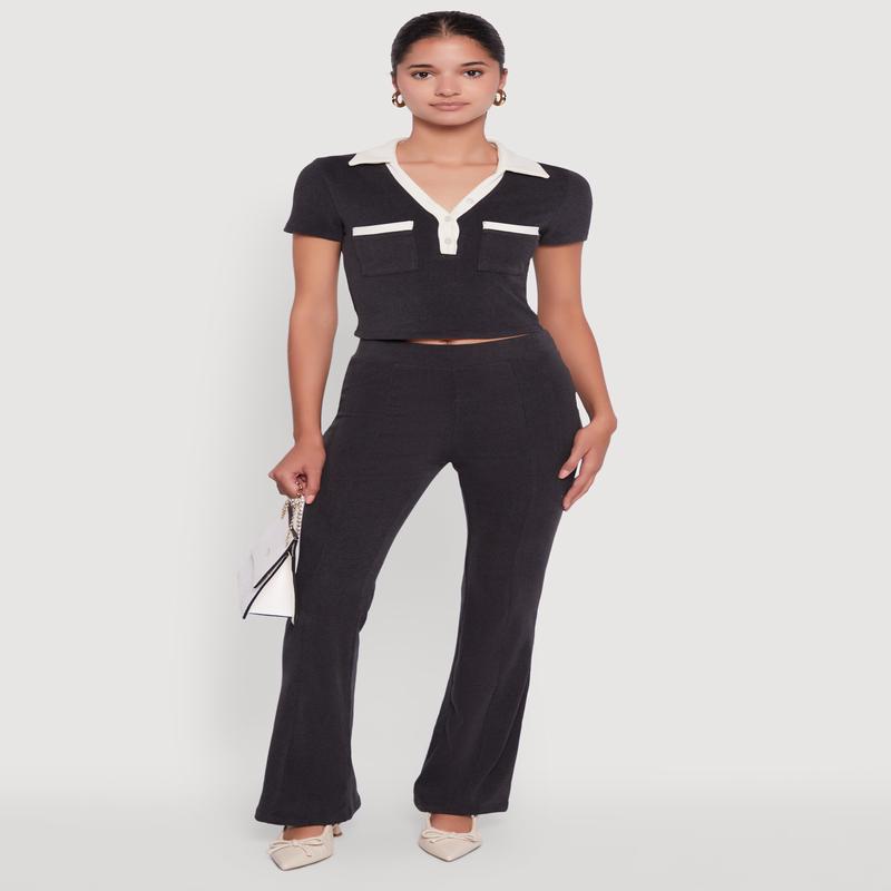 Brushed Knit Pintuck Pull On Flared Dress Pants