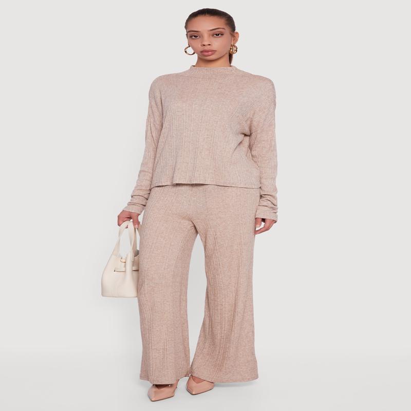 Marled Rib Knit High Waisted Pull On Pants