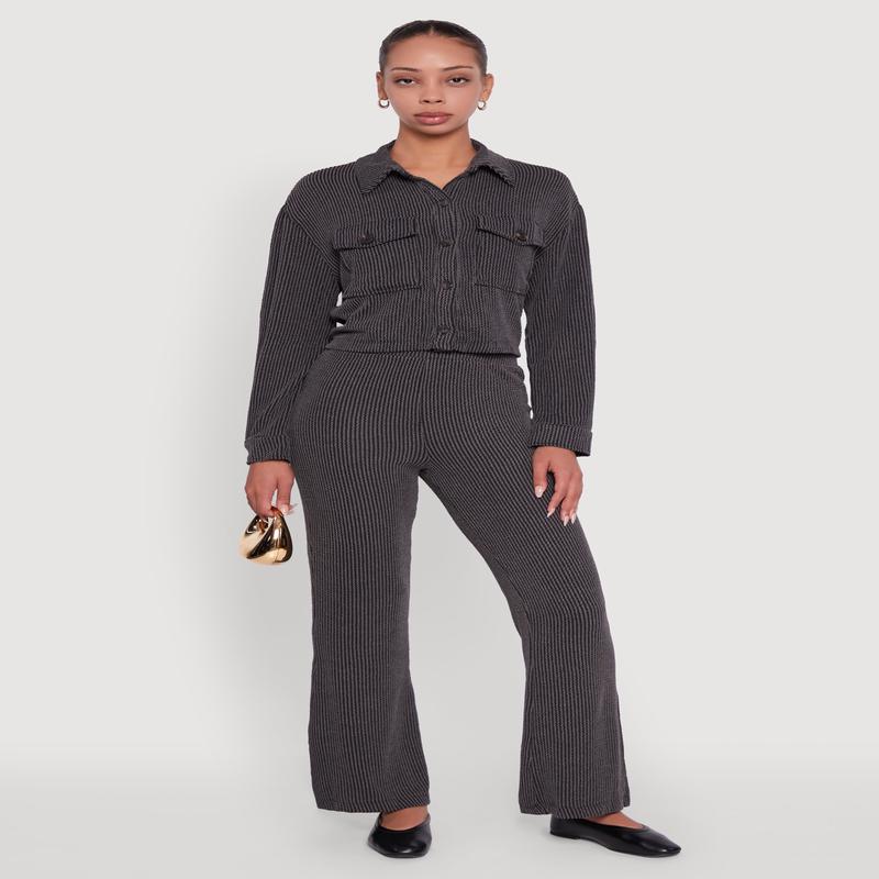 Shadow Stripe Rib Knit Pull On Flare Pants