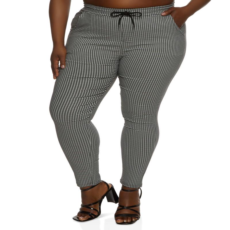Plus Size Plaid Drawstring High Waist Dress Pants
